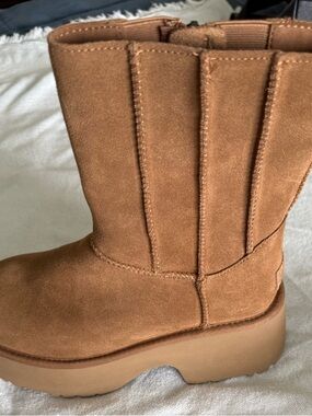 UGG Chestnut Suede Mid-Calf Platform Block heel with side zipper.
